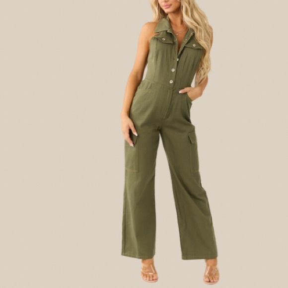 New Trendy Chic Halter Denim Olive Cargo Jumpsuit - Picture 3 of 7